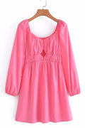 Women's Summer Rose Red Cut Out Front Lantern Sleeve Dress