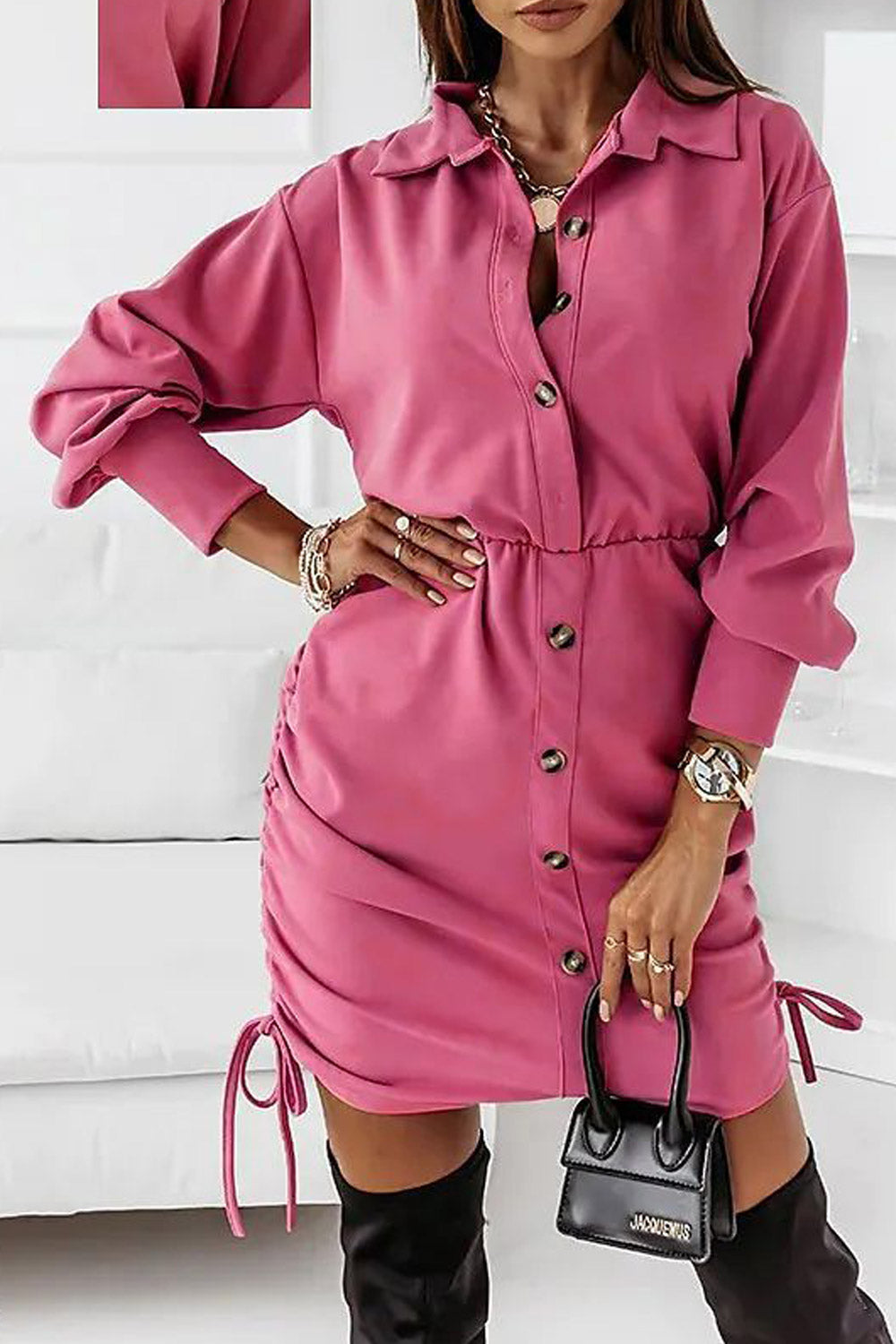 Women Long Sleeve V-Neck Stylish Elegant Waist Hiking Dress