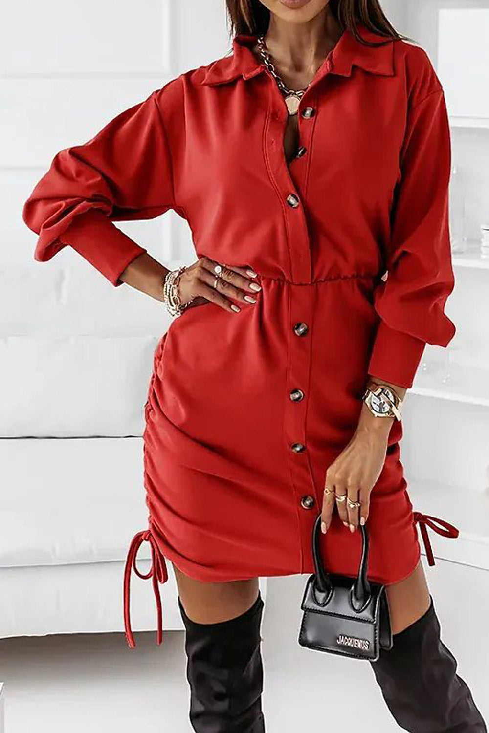Women Long Sleeve V-Neck Stylish Elegant Waist Hiking Dress