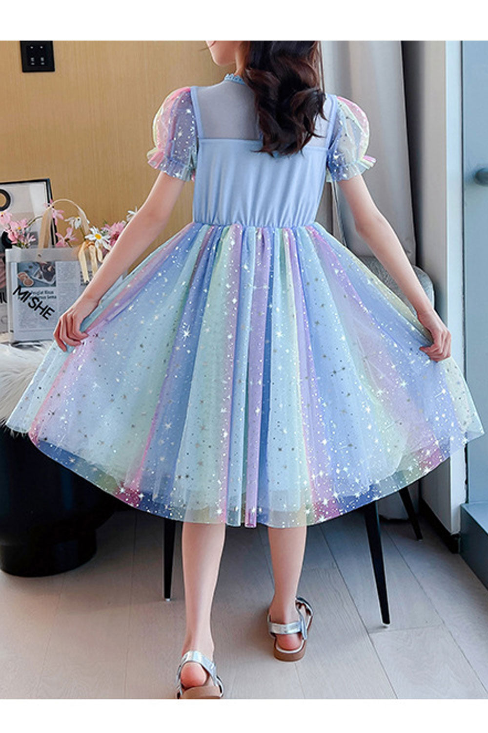 Kids Girls short-Sleeved Rainbow Starry Sky Skirt Dress