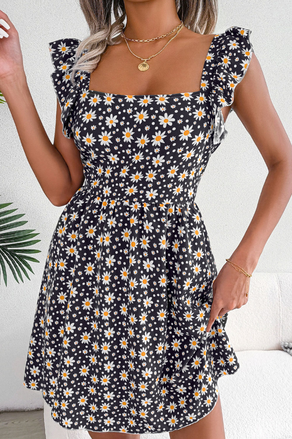 Women Summer Backless Tie Daisy Print Casual Dress
