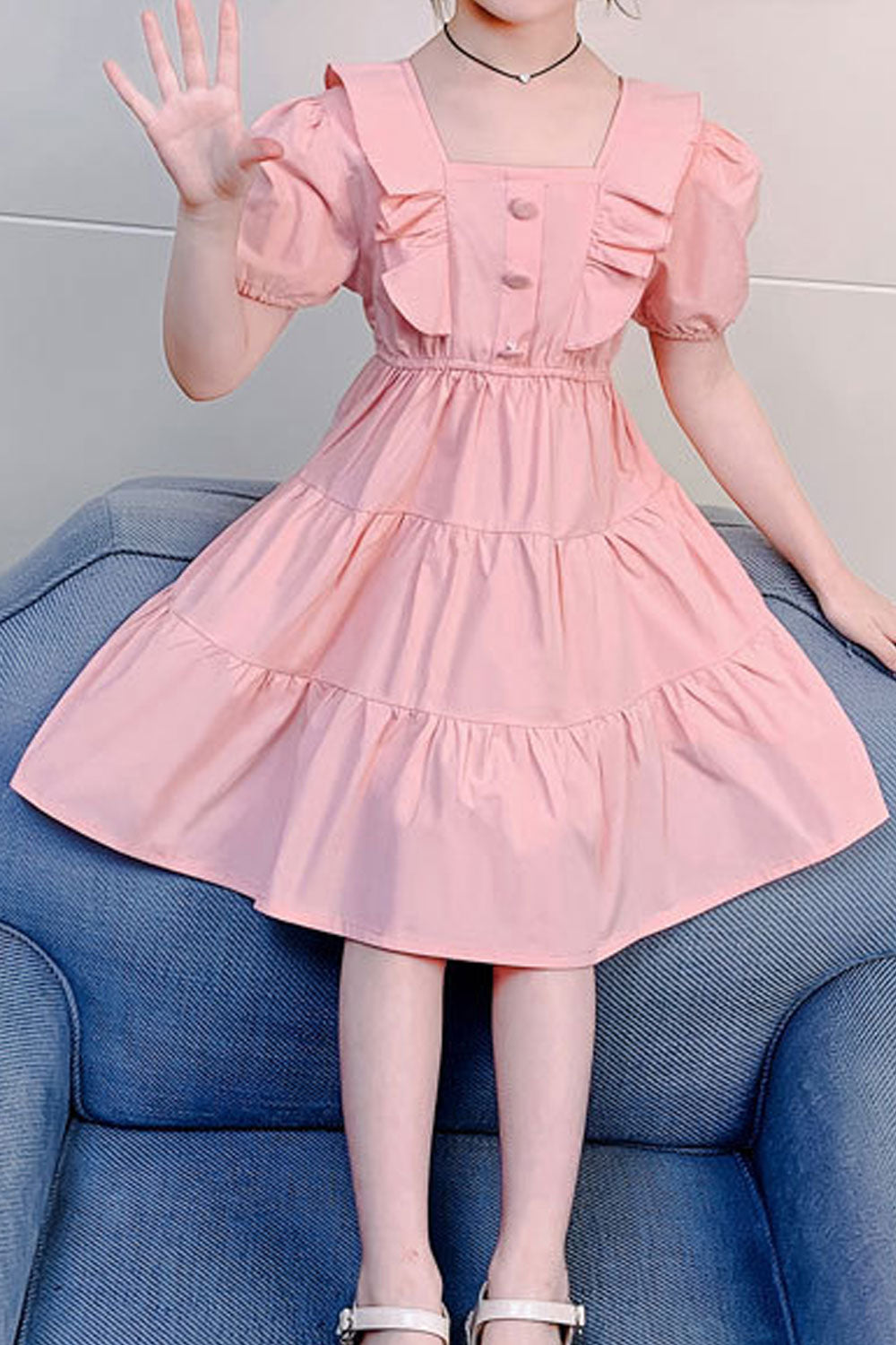 Kids Girl Summer Doll Collar Cotton Puff Sleeve Party Dress
