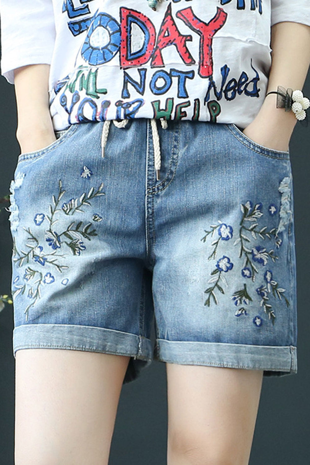 Women Magnificent Embroidered Style Summer Loose Perfect Casual Denim Short