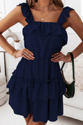 Women Solid Color Sling Stitching Double-Layer Ruffled Dress