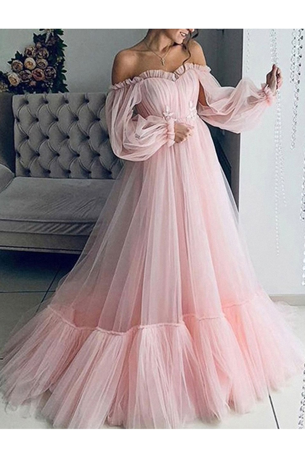 Women's Wish Off-Shoulder Mesh Long-Sleeved Wedding Dress