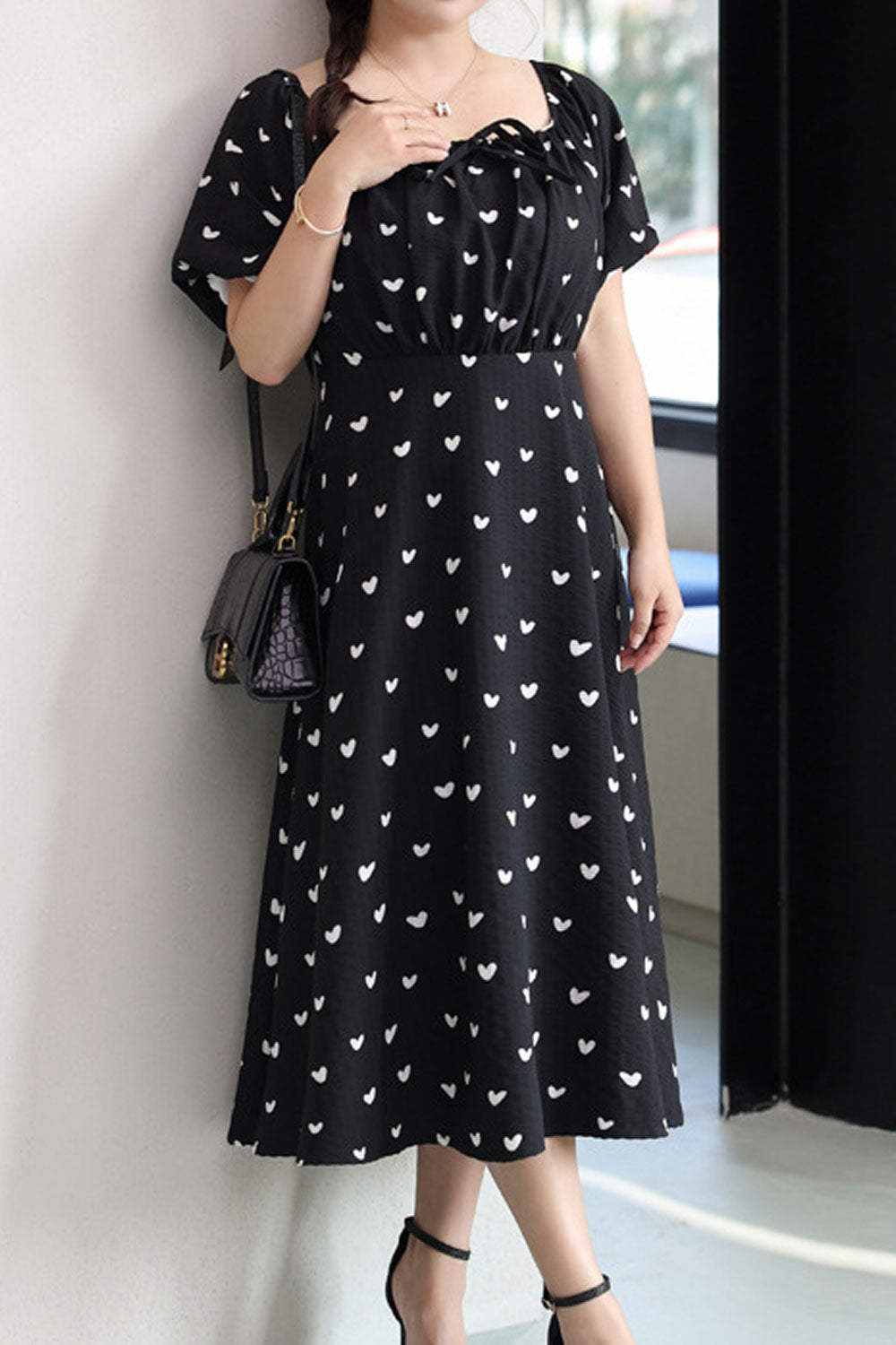 Women Plus Slimming Mid-Length Peach Heart Printed Dress