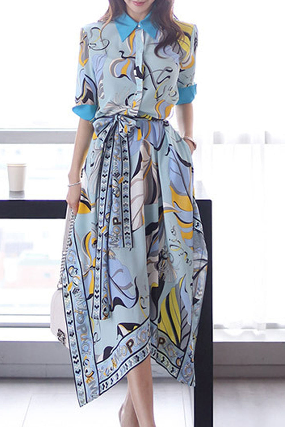 Women's Fashion Mid-Sleeve Tie Waist Irregular Printed Skirt Dress