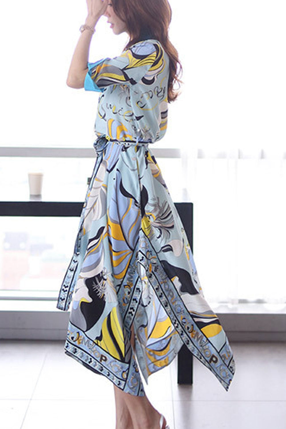 Women's Fashion Mid-Sleeve Tie Waist Irregular Printed Skirt Dress
