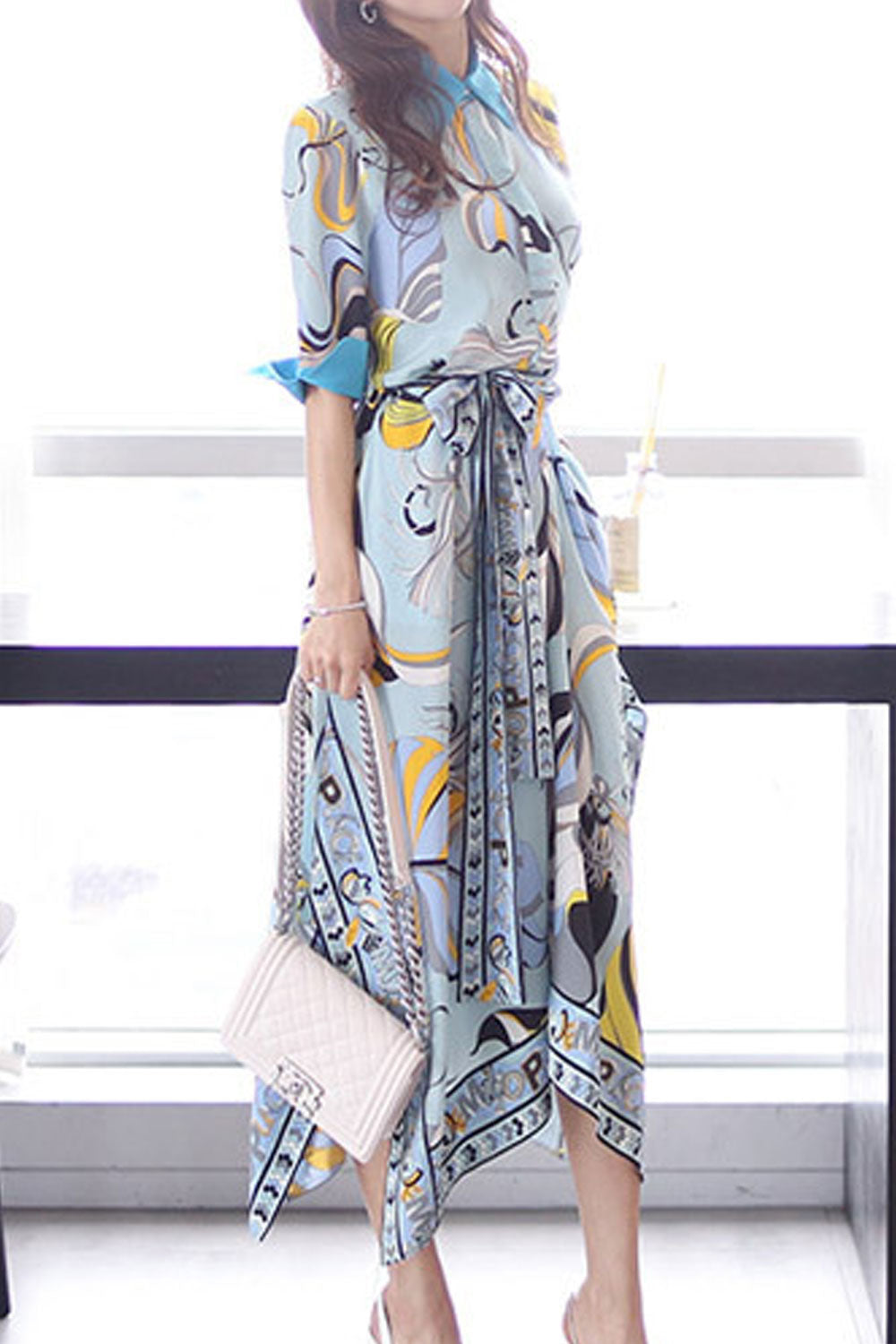 Women's Fashion Mid-Sleeve Tie Waist Irregular Printed Skirt Dress