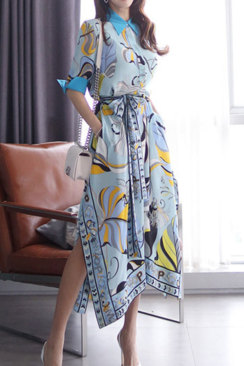 Women's Fashion Mid-Sleeve Tie Waist Irregular Printed Skirt Dress