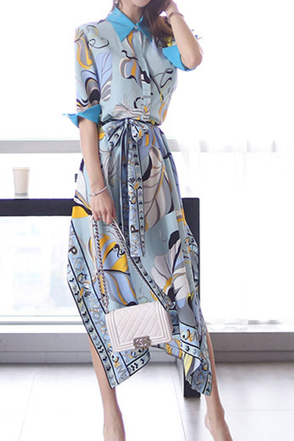 Women's Fashion Mid-Sleeve Tie Waist Irregular Printed Skirt Dress