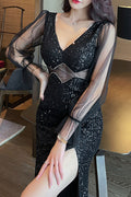 Women's Fashion Deep V-Neck High-Slit Evening Dress