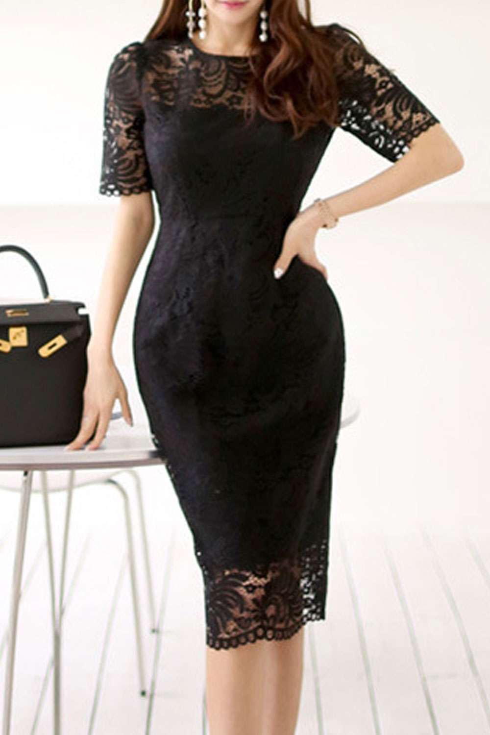 Women Slim Fashion Mid Length Lace Pencel Skirt Dress