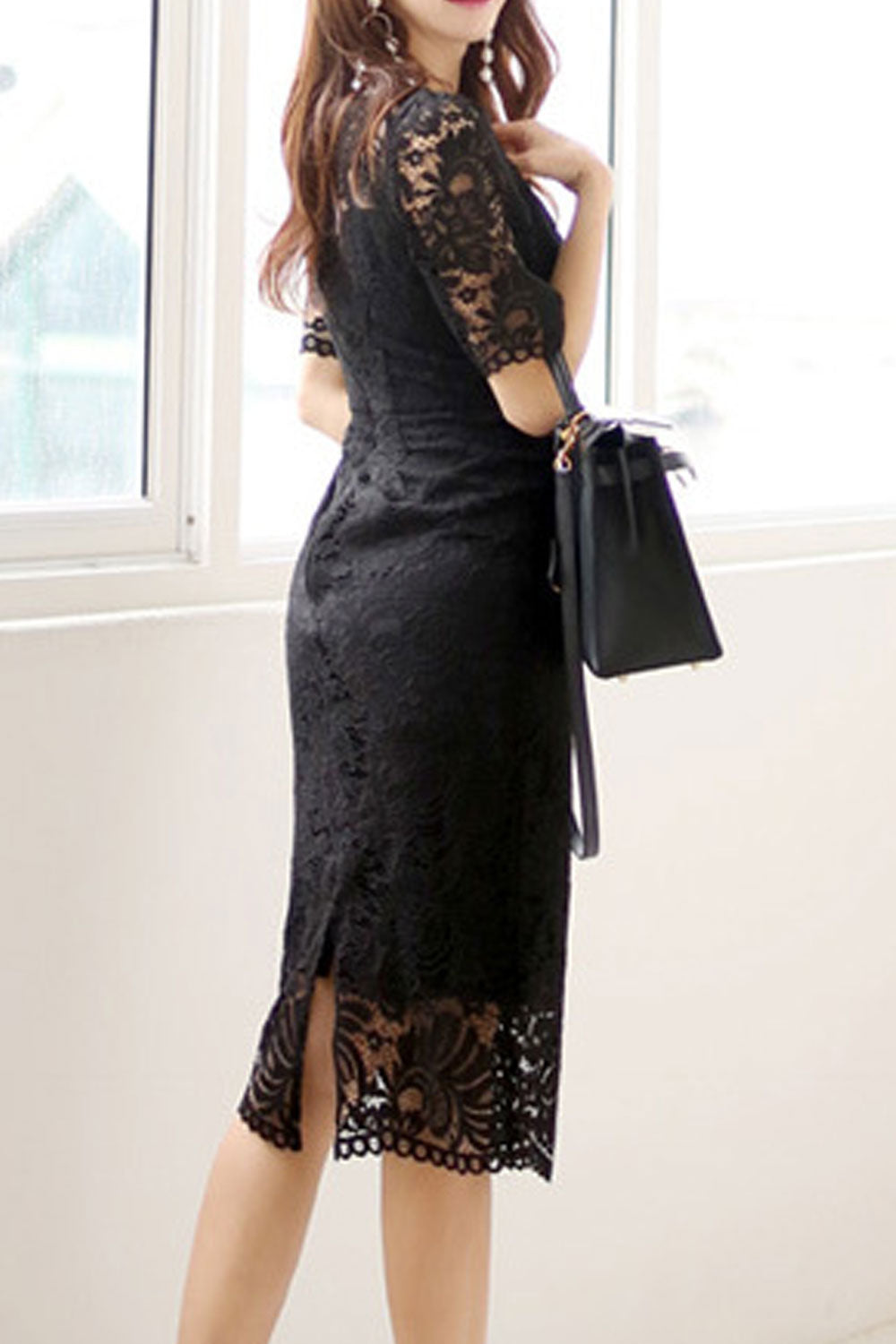 Women Slim Fashion Mid Length Lace Pencel Skirt Dress