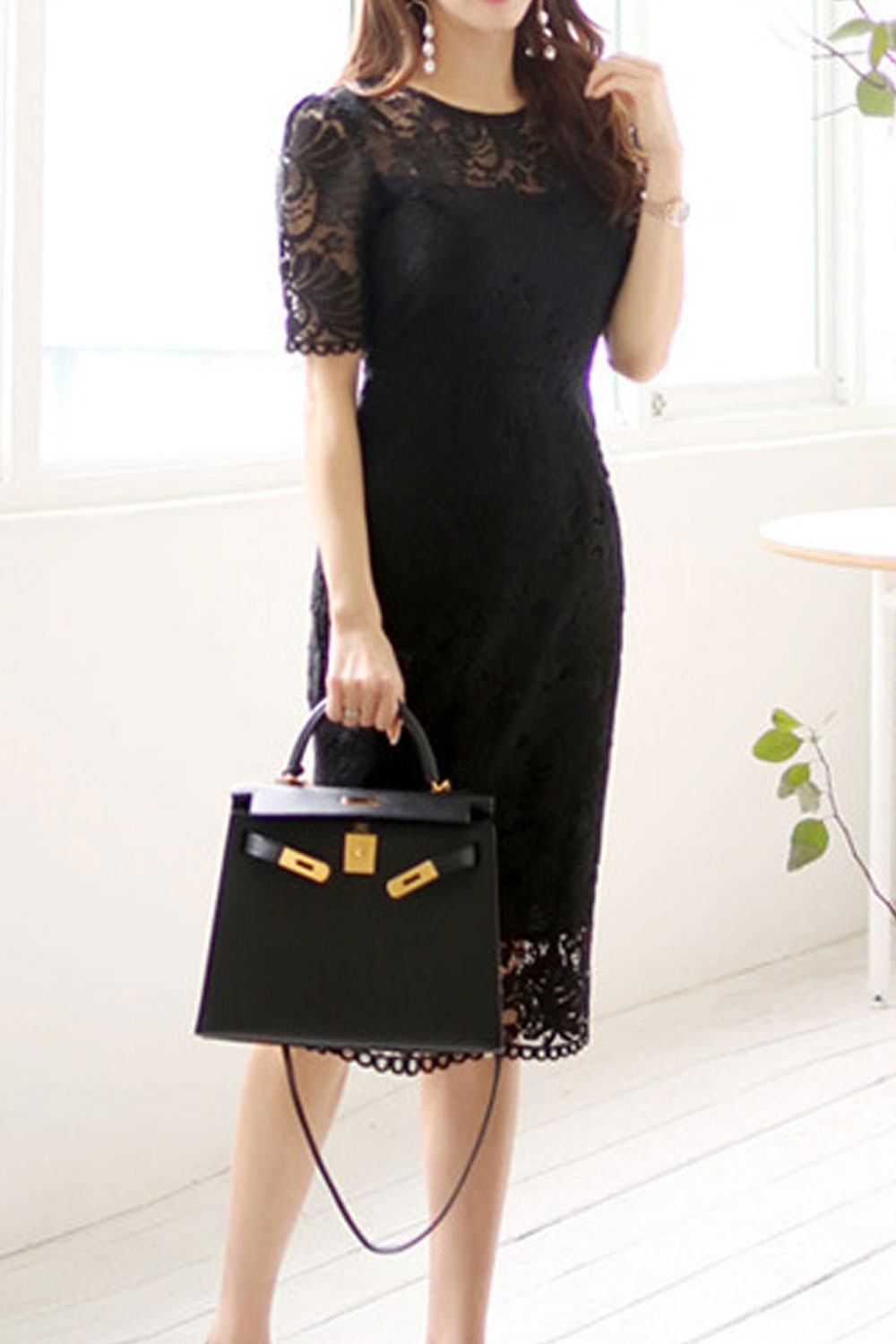 Women Slim Fashion Mid Length Lace Pencel Skirt Dress