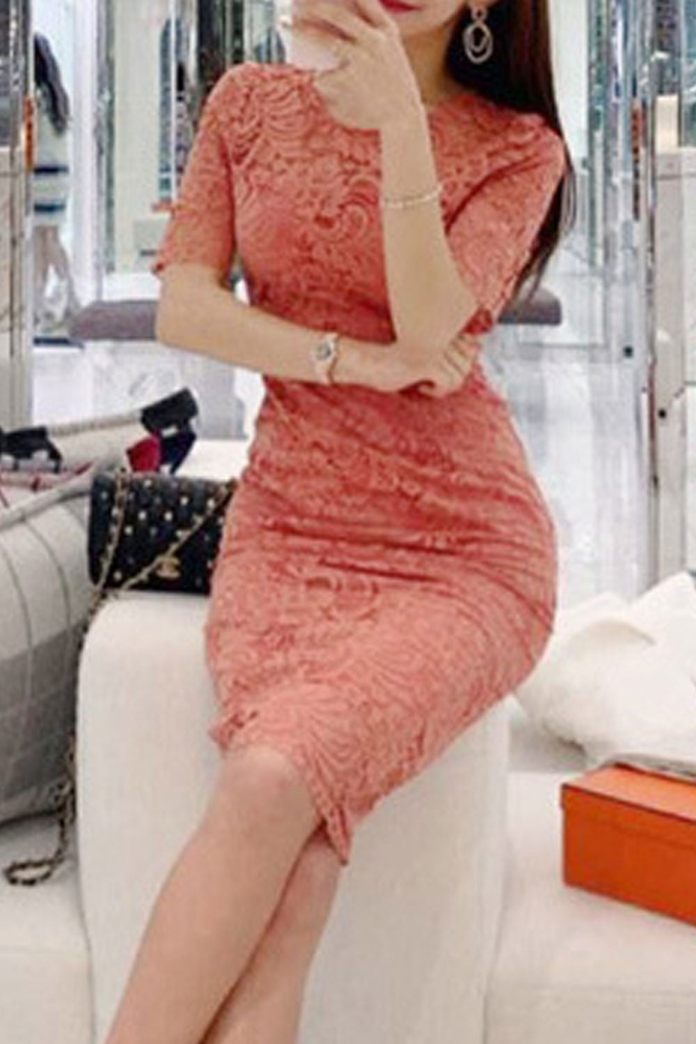 Women Slim Fashion Mid Length Lace Pencel Skirt Dress