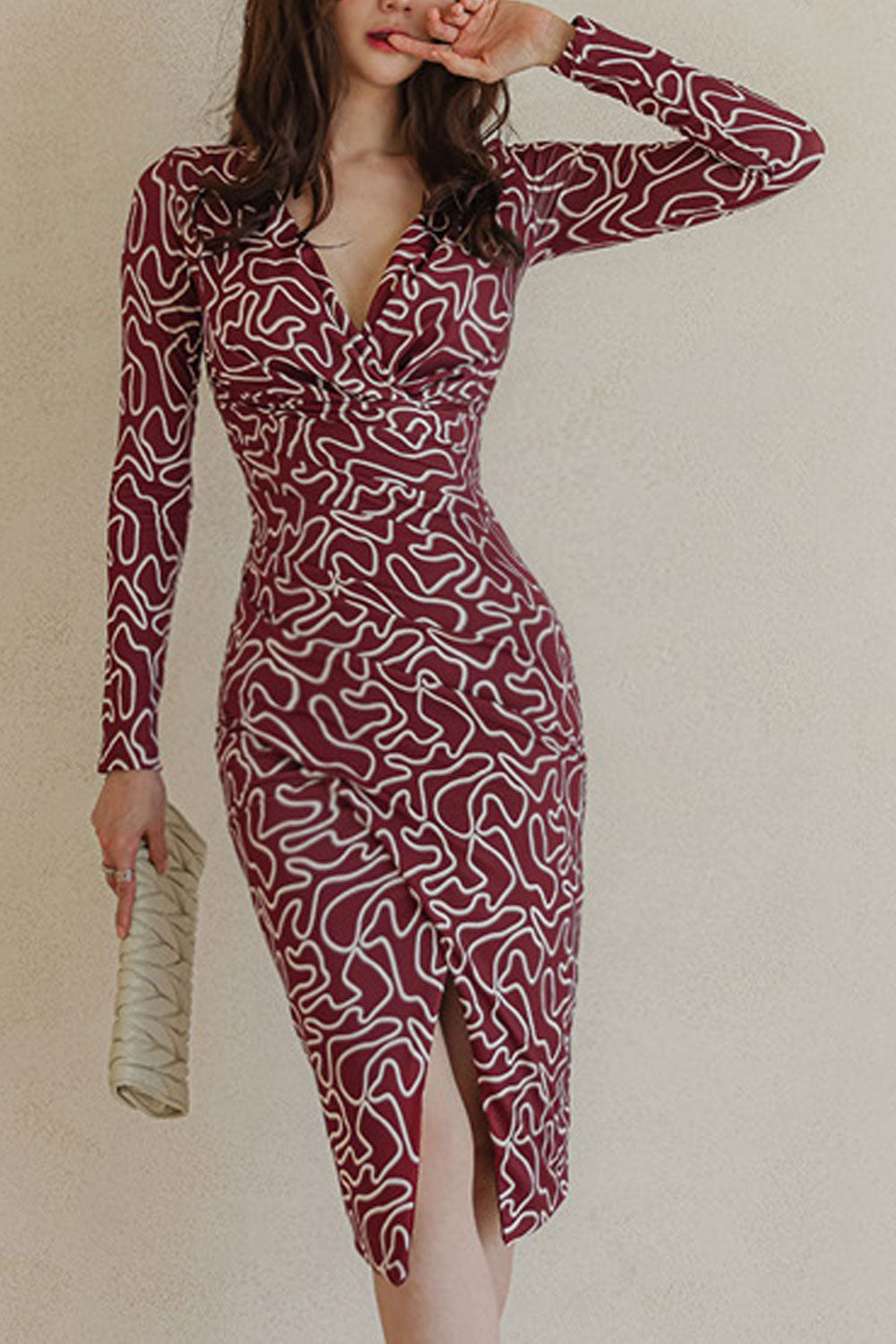 Women Spring Long Sleeves Low Cut V-Neck Printed SlimSlit Bag Hip Bottom Dress