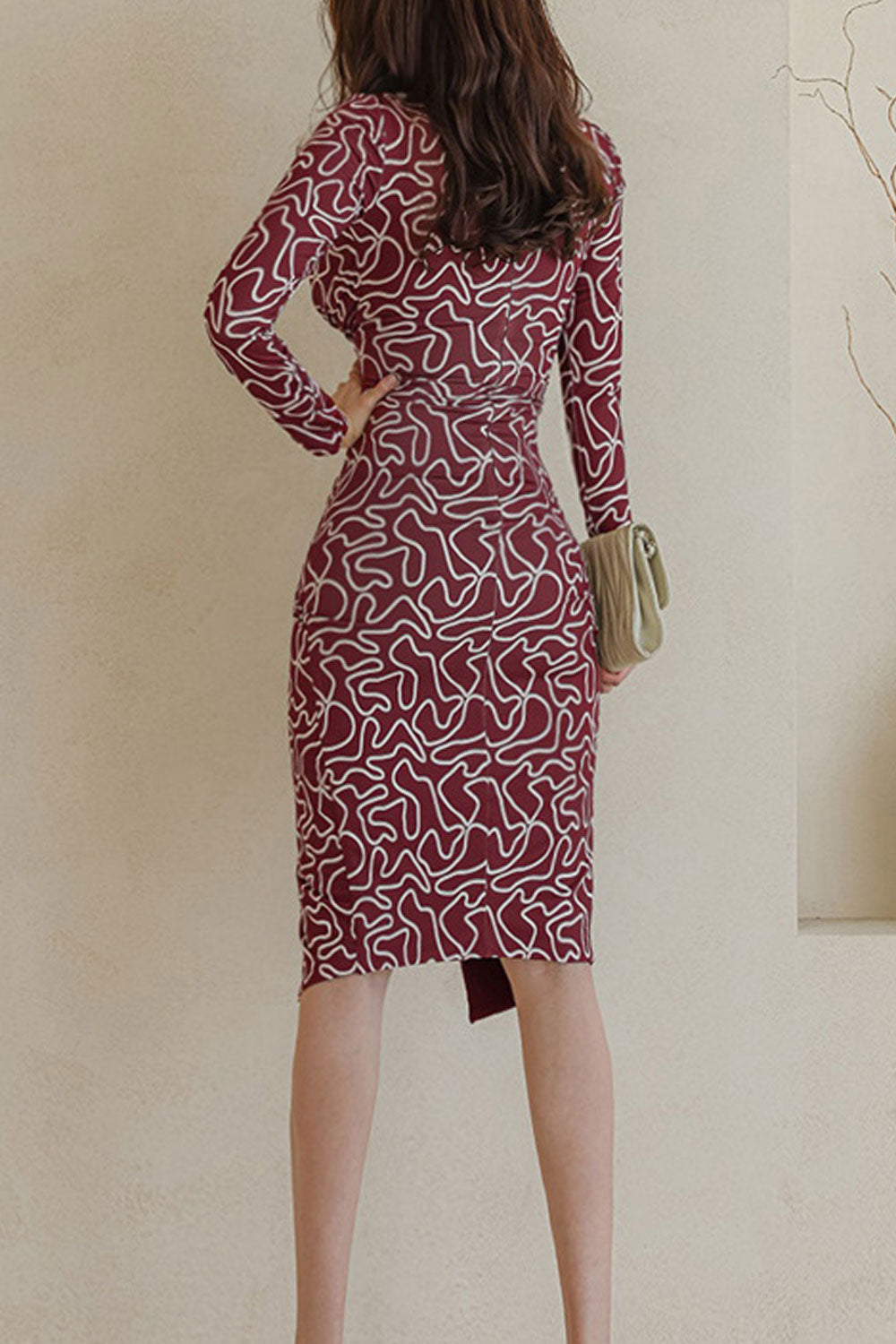 Women Spring Long Sleeves Low Cut V-Neck Printed SlimSlit Bag Hip Bottom Dress