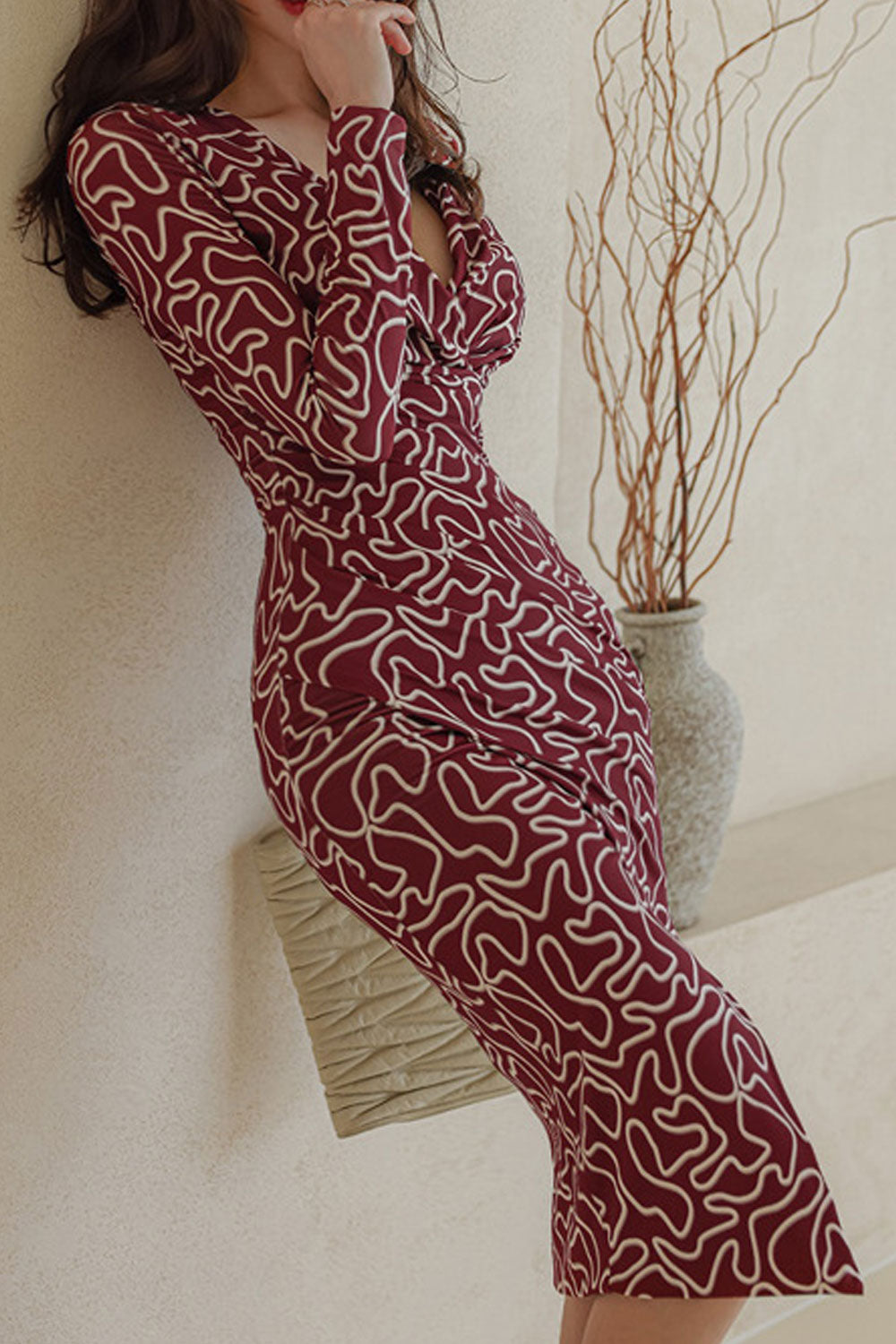 Women Spring Long Sleeves Low Cut V-Neck Printed SlimSlit Bag Hip Bottom Dress