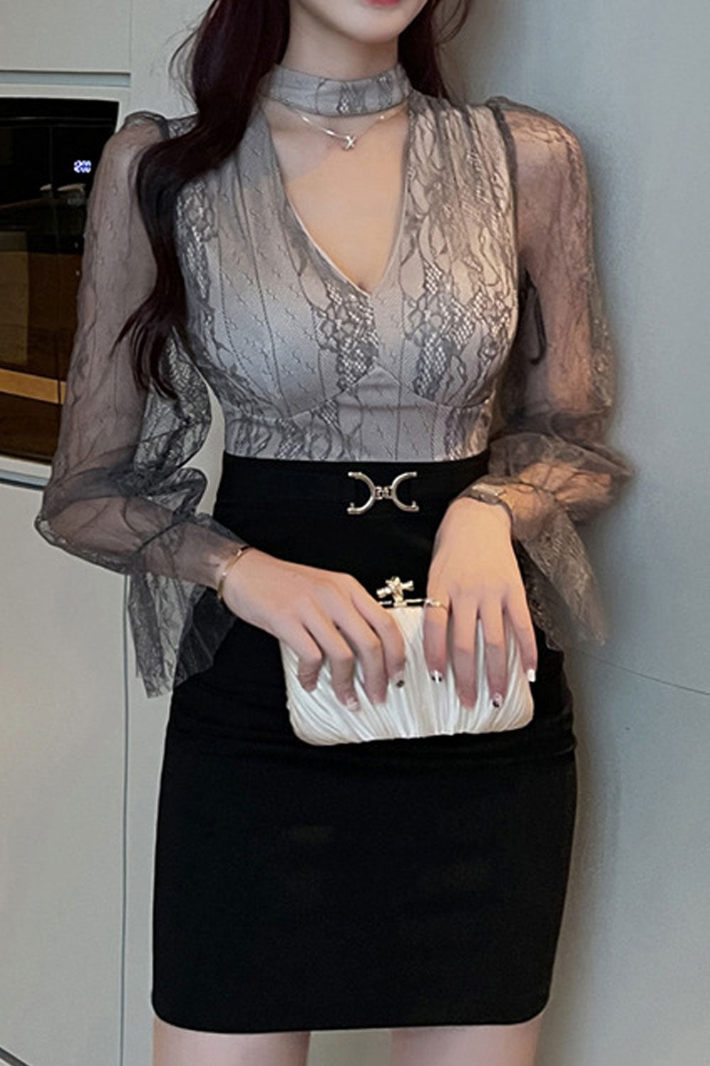 Women Deep V-Neck Long Sleeves Bodycon Dress