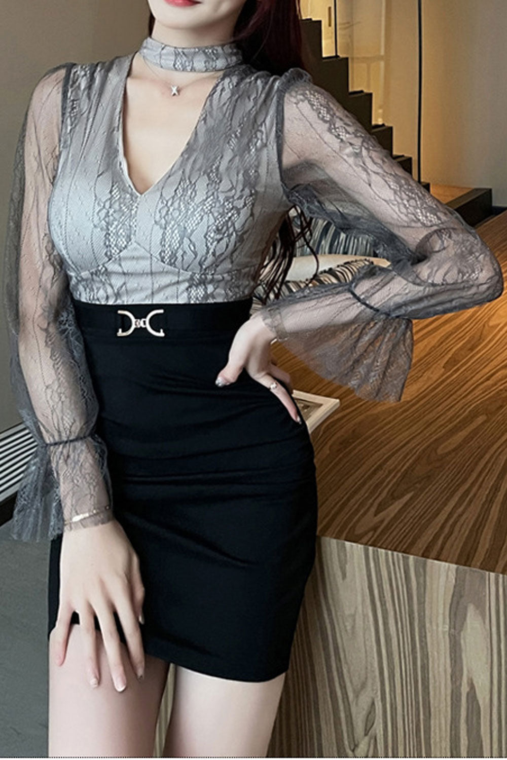 Women Deep V-Neck Long Sleeves Bodycon Dress