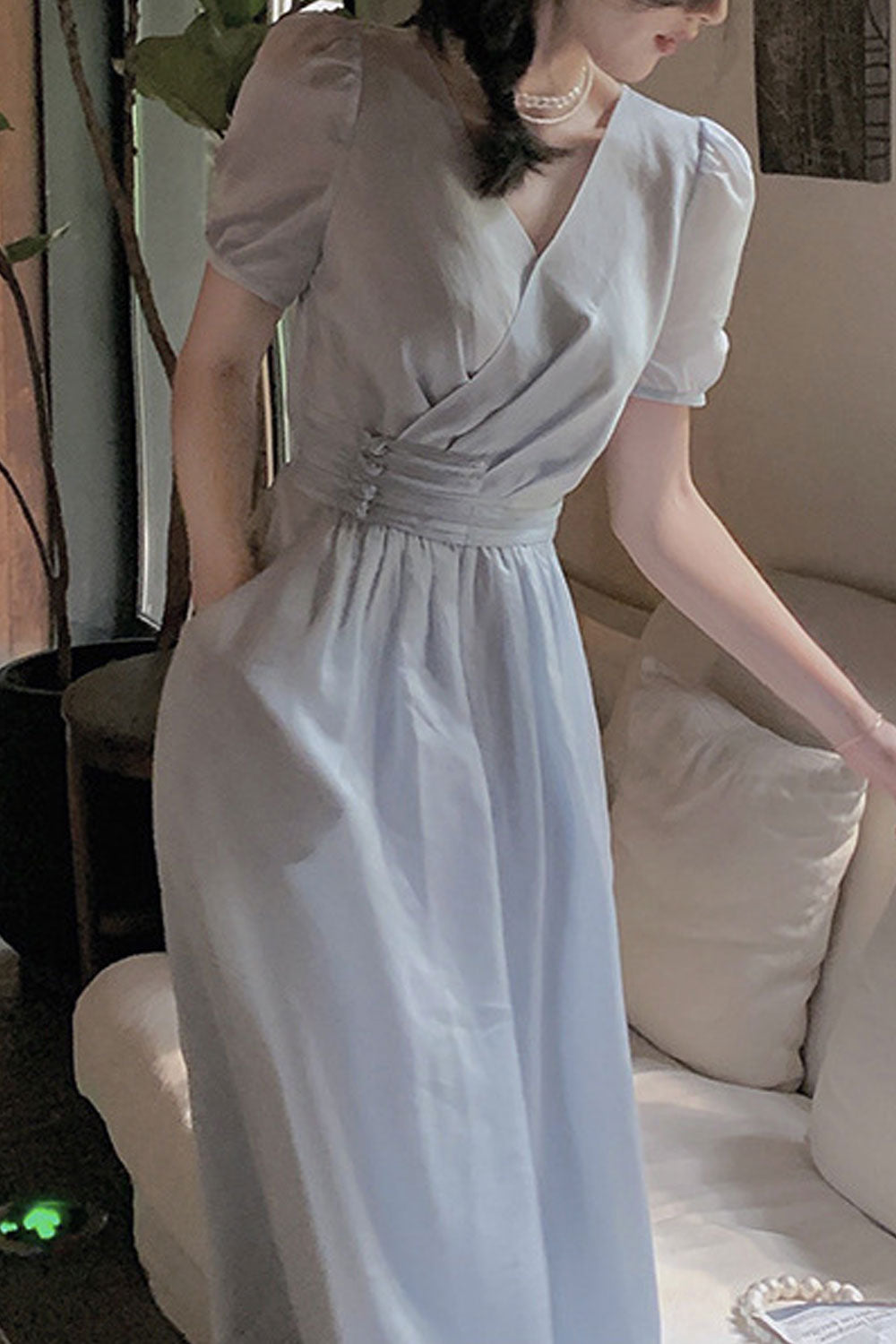 Women's V-Neck Looks Thin and Sweet Thin Tencel Blue Dress