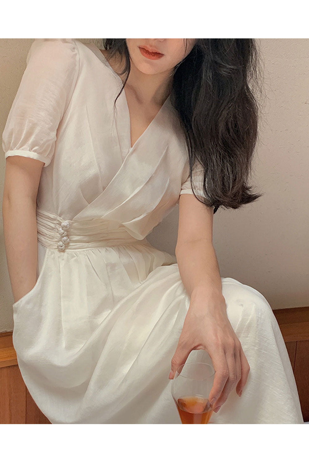 Women's V-Neck Looks Thin and Sweet Thin Tencel Blue Dress