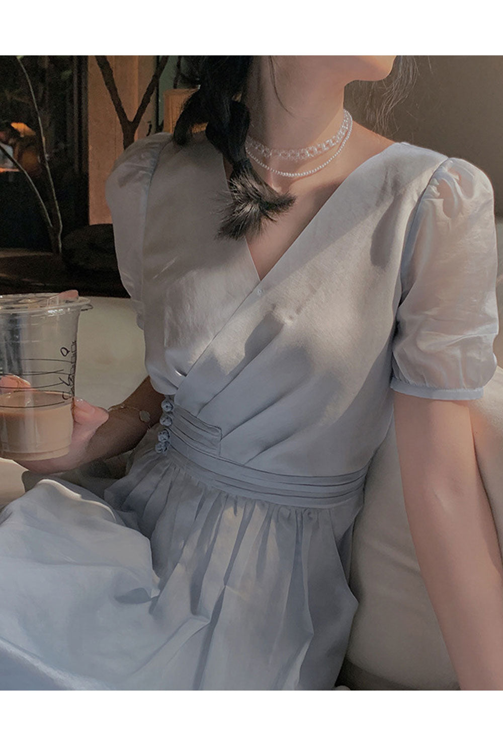 Women's V-Neck Looks Thin and Sweet Thin Tencel Blue Dress