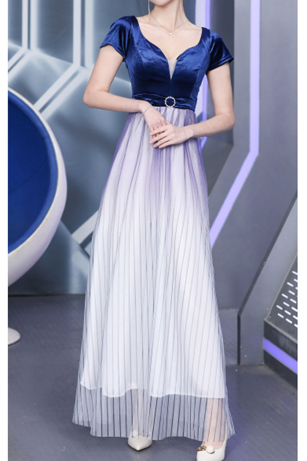 Women Spring Short Sleeves V-Neck Low-Cut Slim Bottoming Long Skirt Evening Party Dress