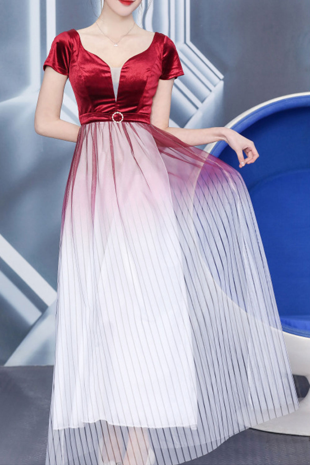 Women Spring Short Sleeves V-Neck Low-Cut Slim Bottoming Long Skirt Evening Party Dress