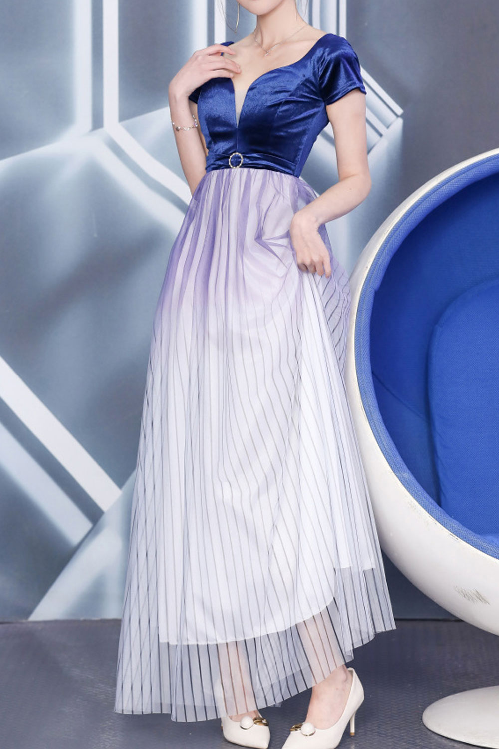 Women Spring Short Sleeves V-Neck Low-Cut Slim Bottoming Long Skirt Evening Party Dress