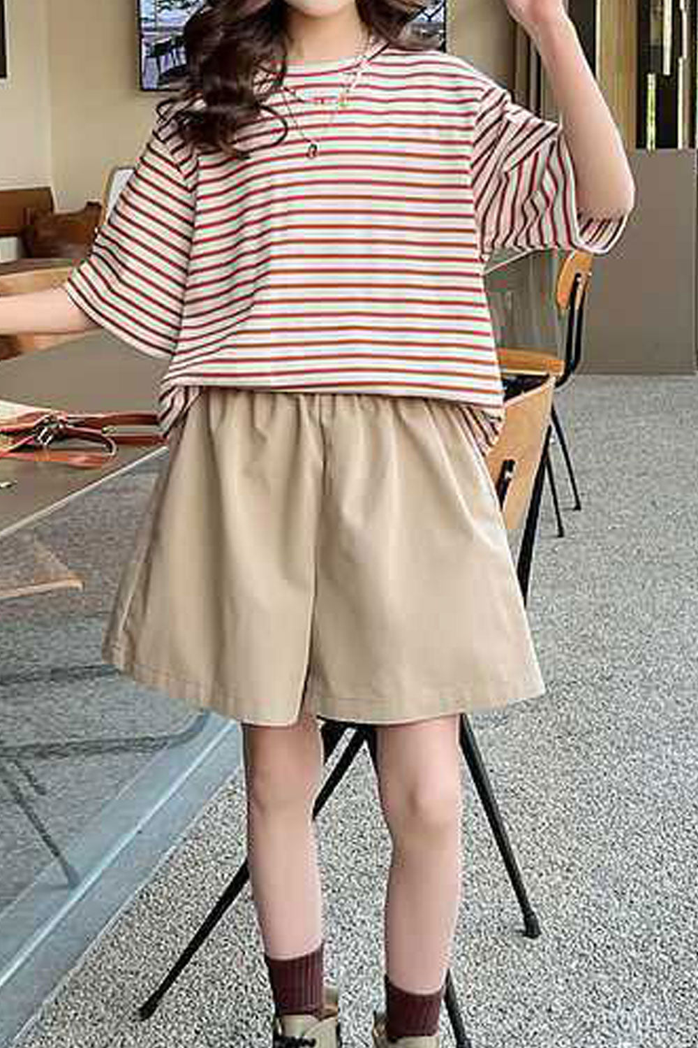 Kids Girls New Round Neck Short Sleeves Stripe Pattern Loose T- Shirt with Thin Section Casual Summer Shorts Two Piece Set