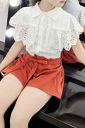 Kids Girls New Round Neck Collar Style Short Sleeves Solid Color Fashionable Shirt with Thin Section Summer Shorts Two Piece Set