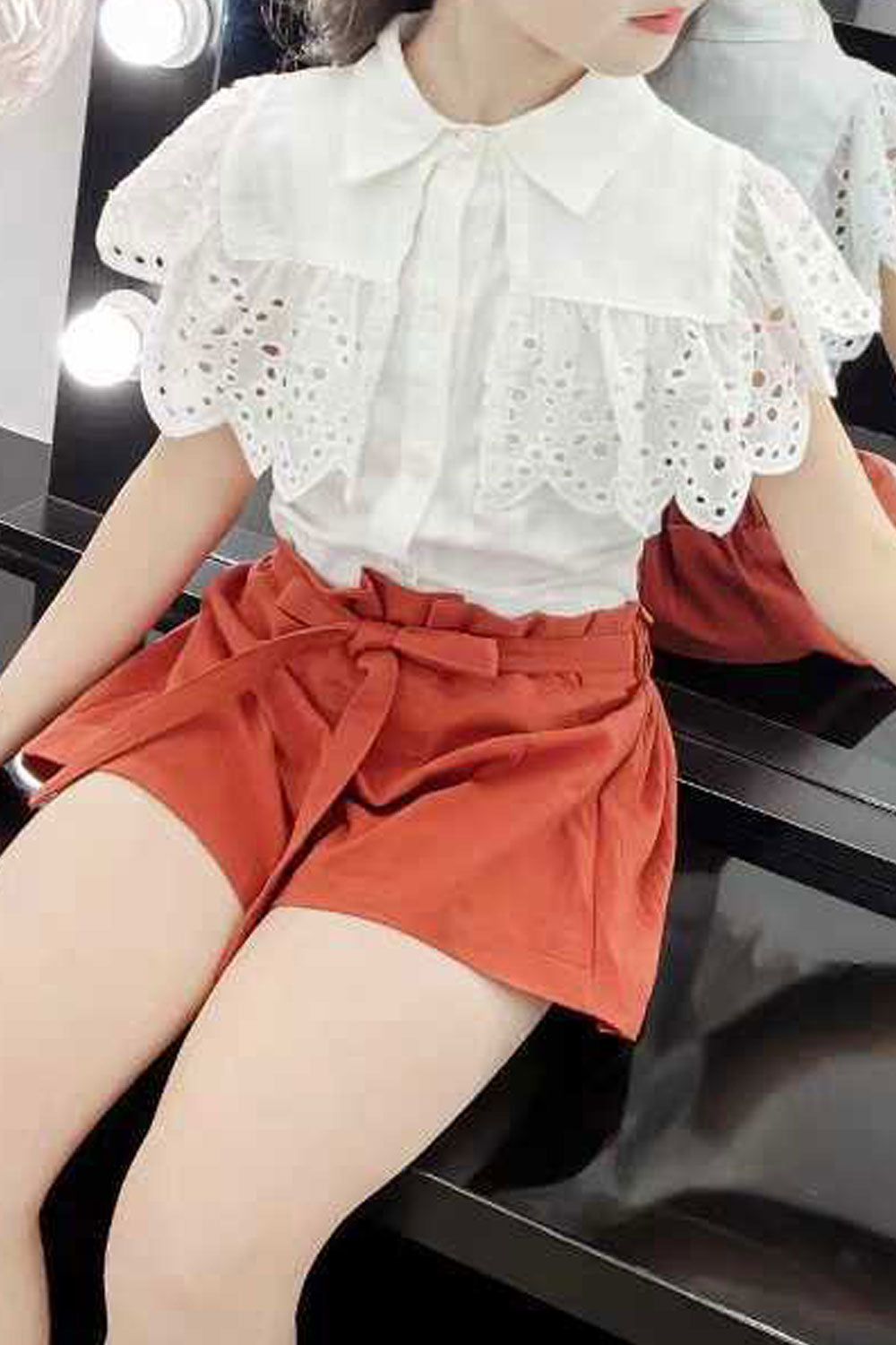 Kids Girls New Round Neck Collar Style Short Sleeves Solid Color Fashionable Shirt with Thin Section Summer Shorts Two Piece Set
