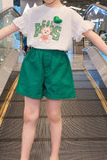 Kids Girls New Fashionable Round Neck Cartoon Bear Short Sleeved Top with Summer Casual Loose Sports Shorts Two Piece Set