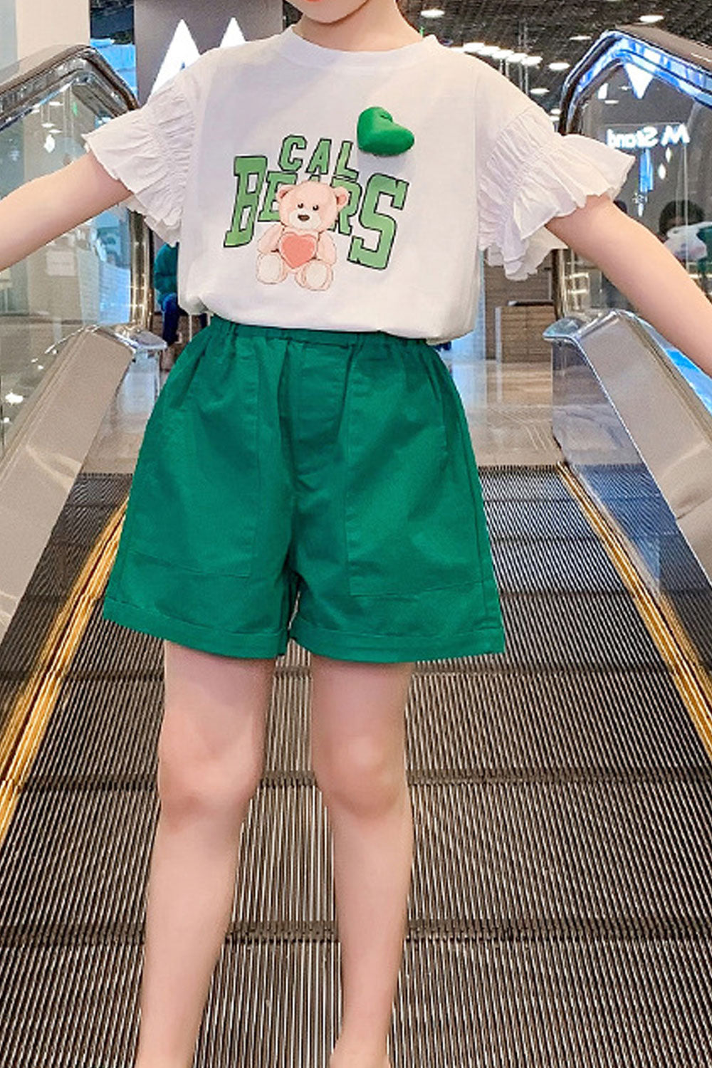 Kids Girls New Fashionable Round Neck Cartoon Bear Short Sleeved Top with Summer Casual Loose Sports Shorts Two Piece Set