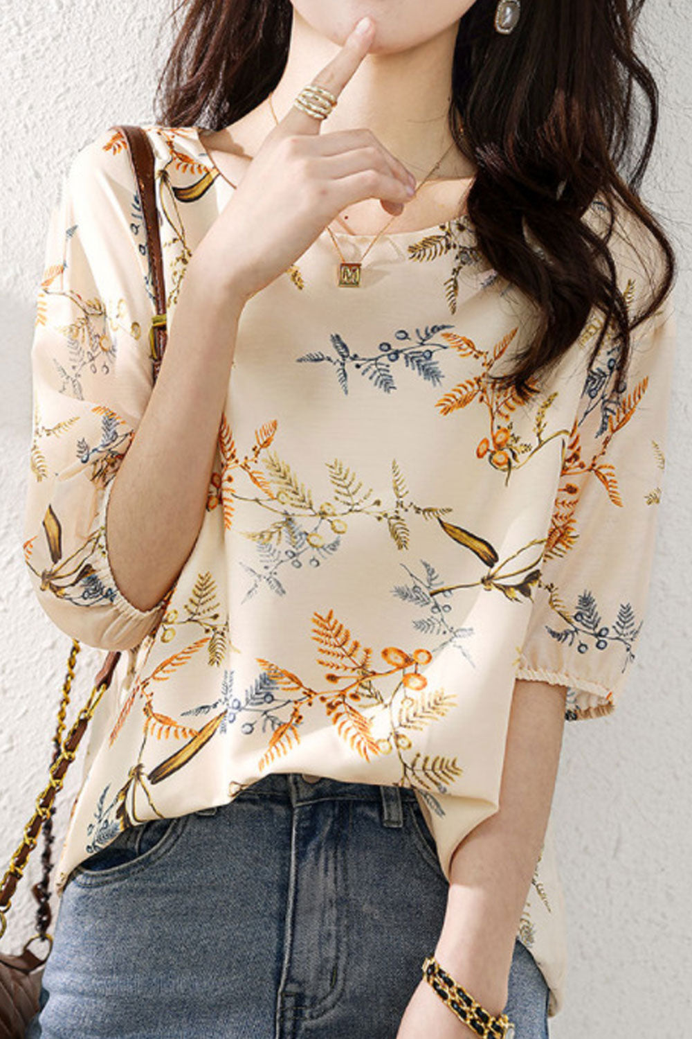 Women's Summer Printed Pattern Round Neck Slim Shirt Top