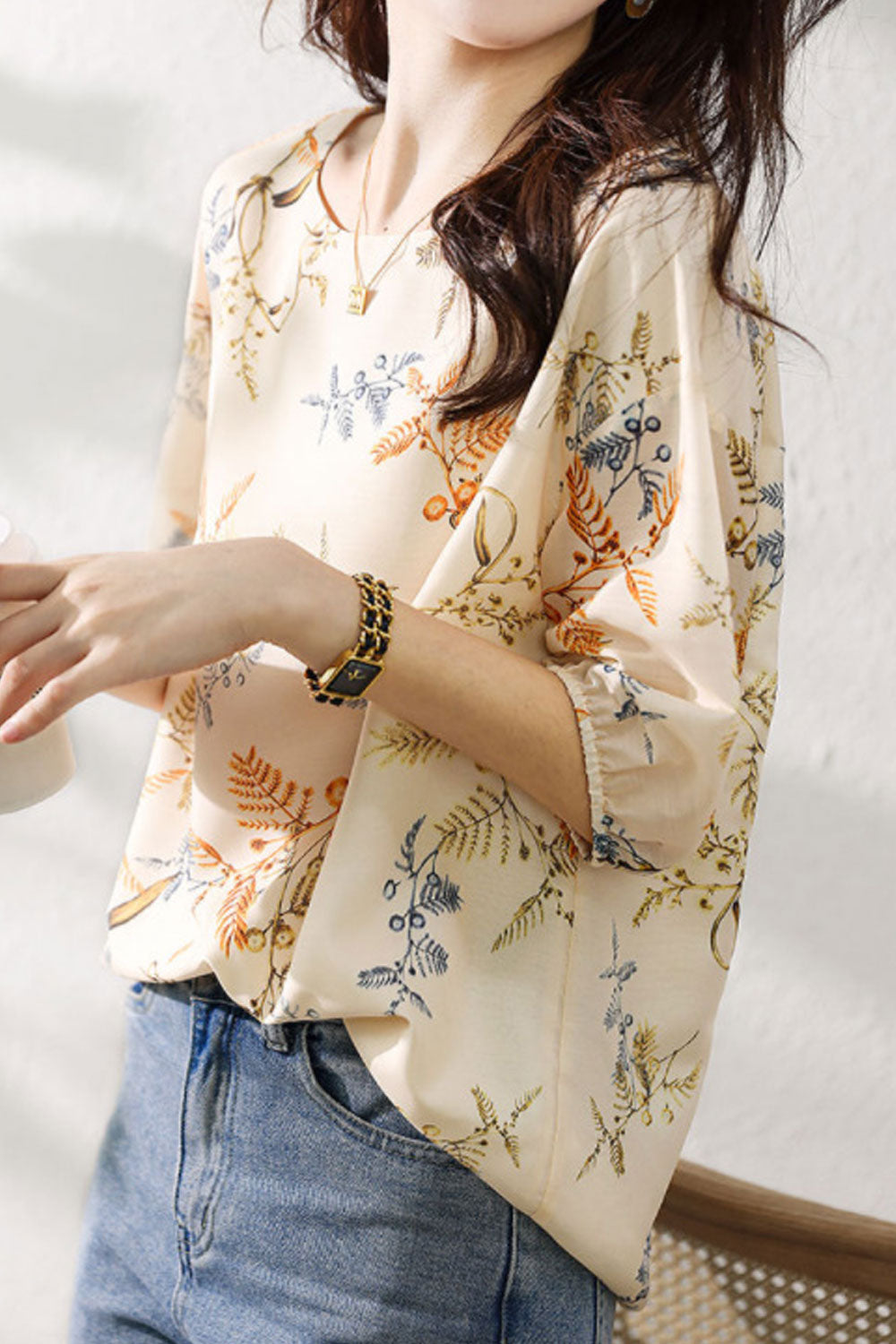 Women's Summer Printed Pattern Round Neck Slim Shirt Top