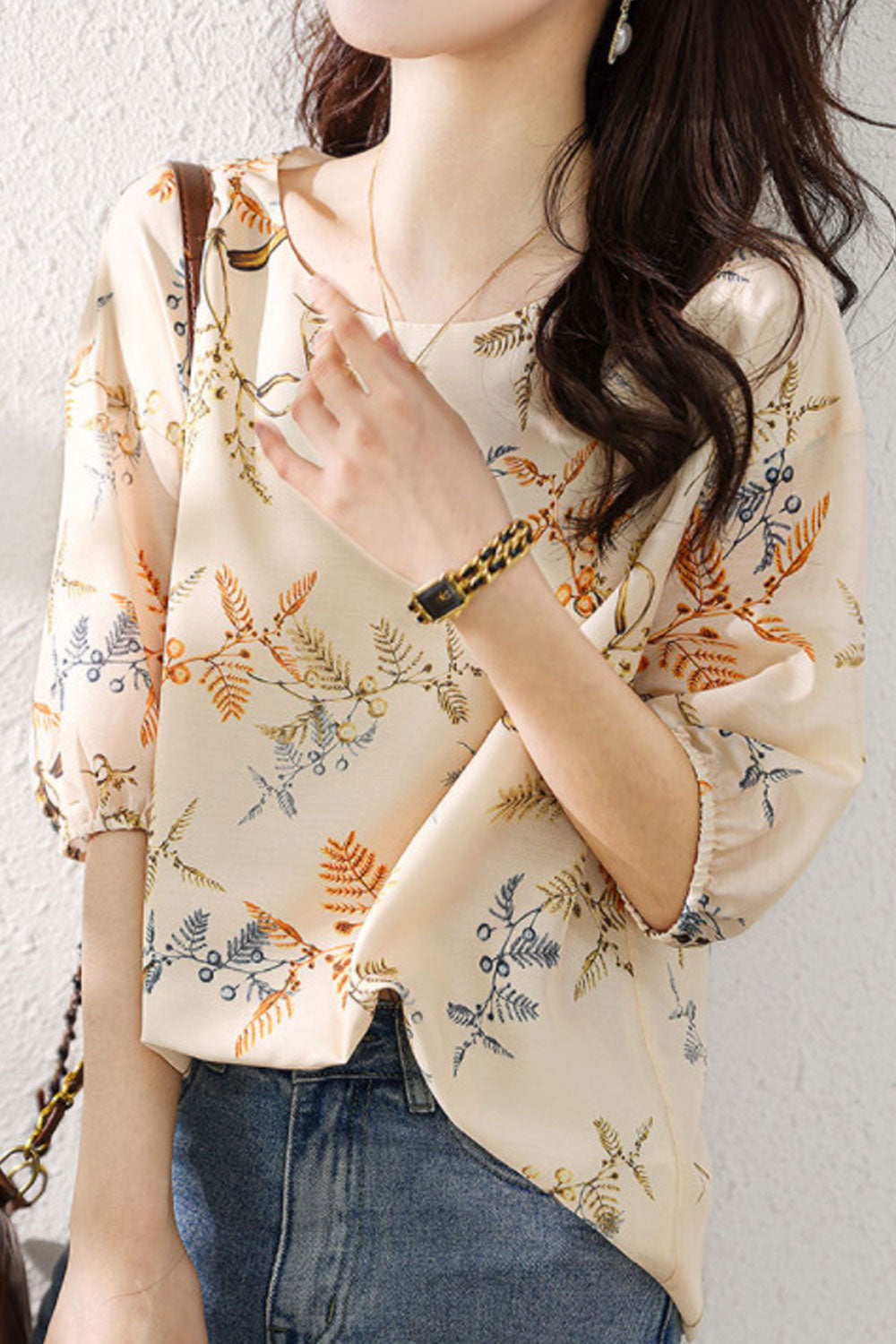 Women's Summer Printed Pattern Round Neck Slim Shirt Top