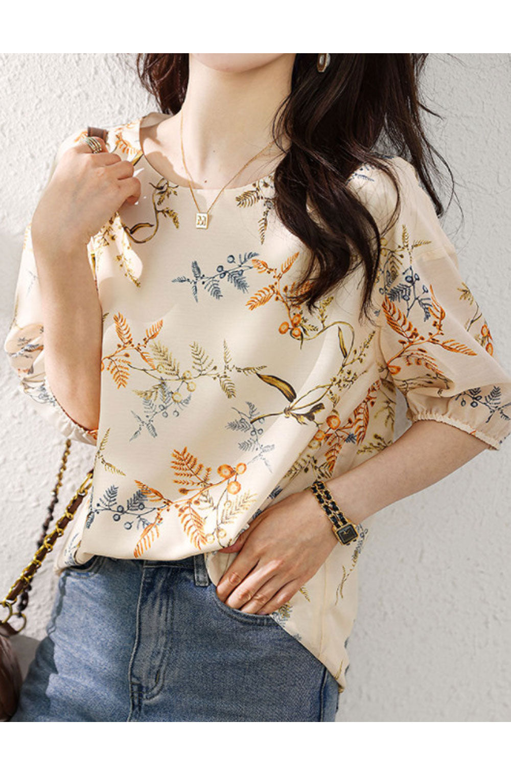 Women's Summer Printed Pattern Round Neck Slim Shirt Top