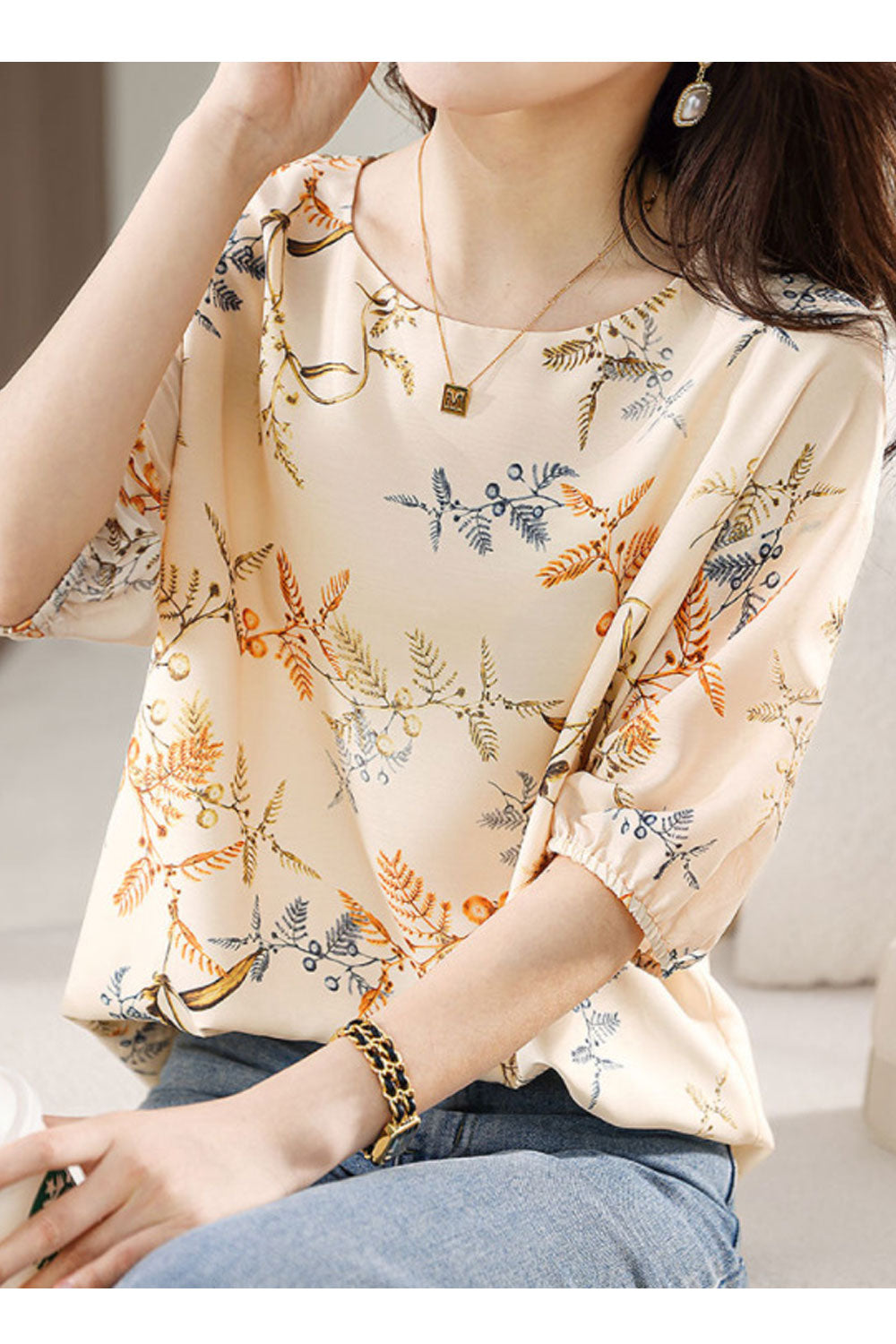 Women's Summer Printed Pattern Round Neck Slim Shirt Top