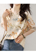 Women's Summer Printed Pattern Round Neck Slim Shirt Top