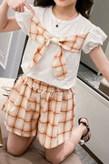 Kids Girls New Round Neck Short Sleeves Chest Bowknot Top with Plaid Shorts Summer Two Piece Set
