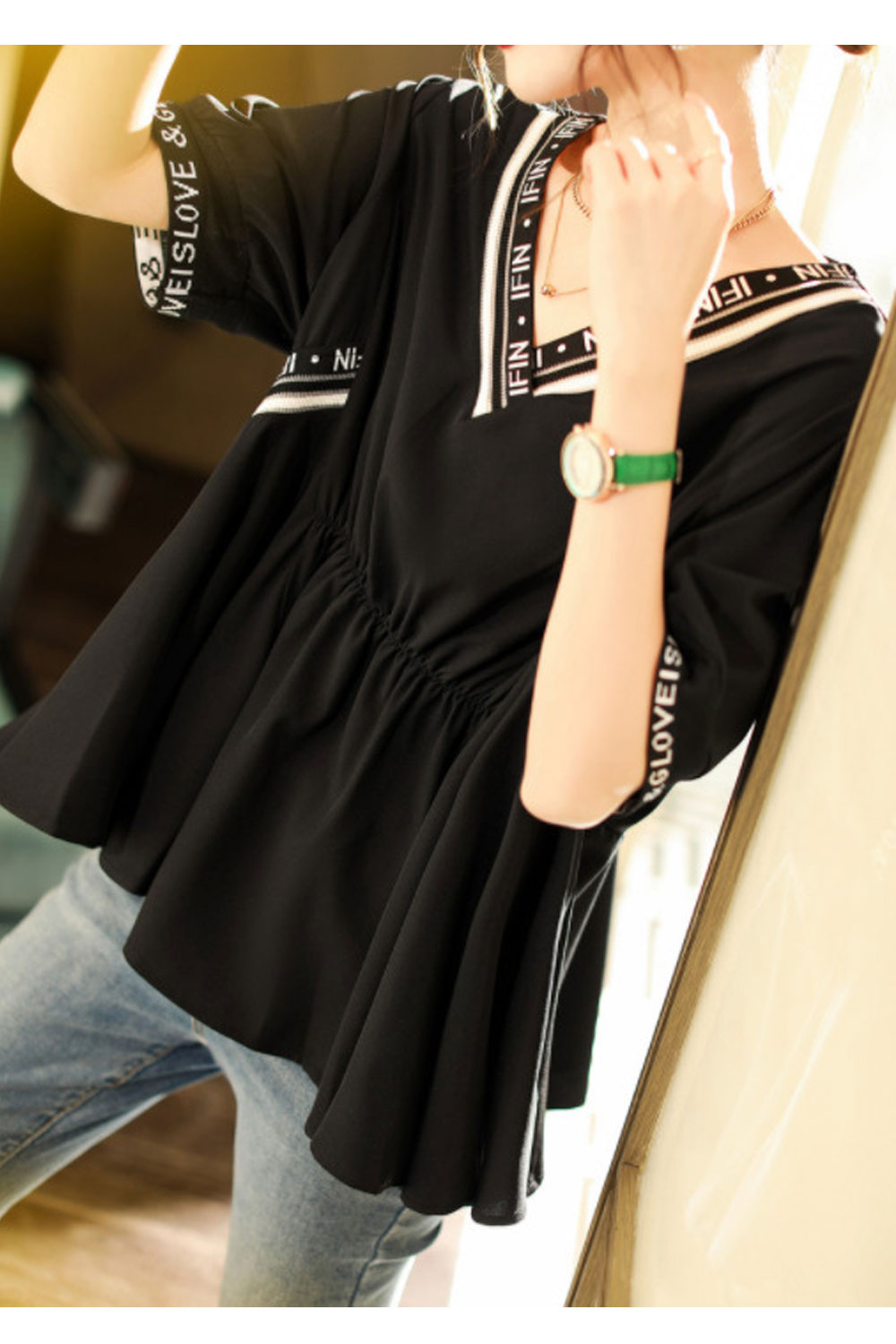 Women's Summer V-Neck Waist Slimming Doll Shirt Design Top