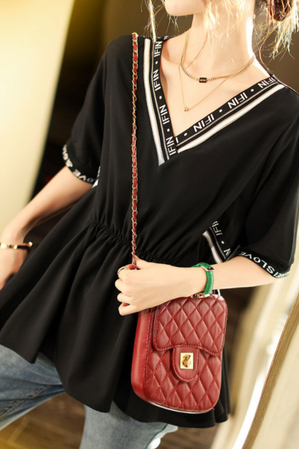 Women's Summer V-Neck Waist Slimming Doll Shirt Design Top
