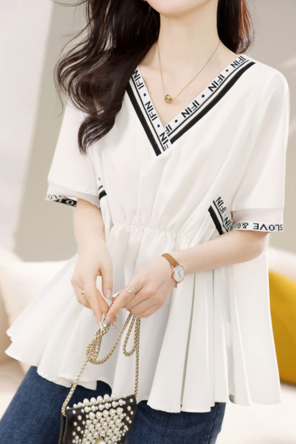 Women's Summer V-Neck Waist Slimming Doll Shirt Design Top
