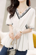 Women's Summer V-Neck Waist Slimming Doll Shirt Design Top