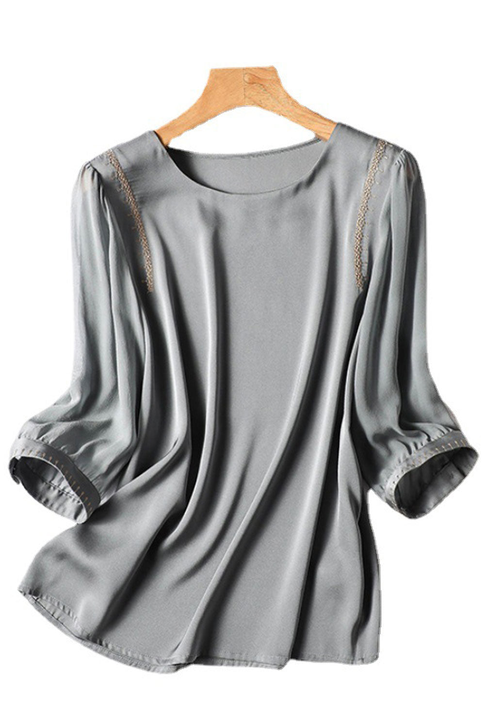 Women's Fashion Sleeve embroidery Design Chic Imitation Silk Top