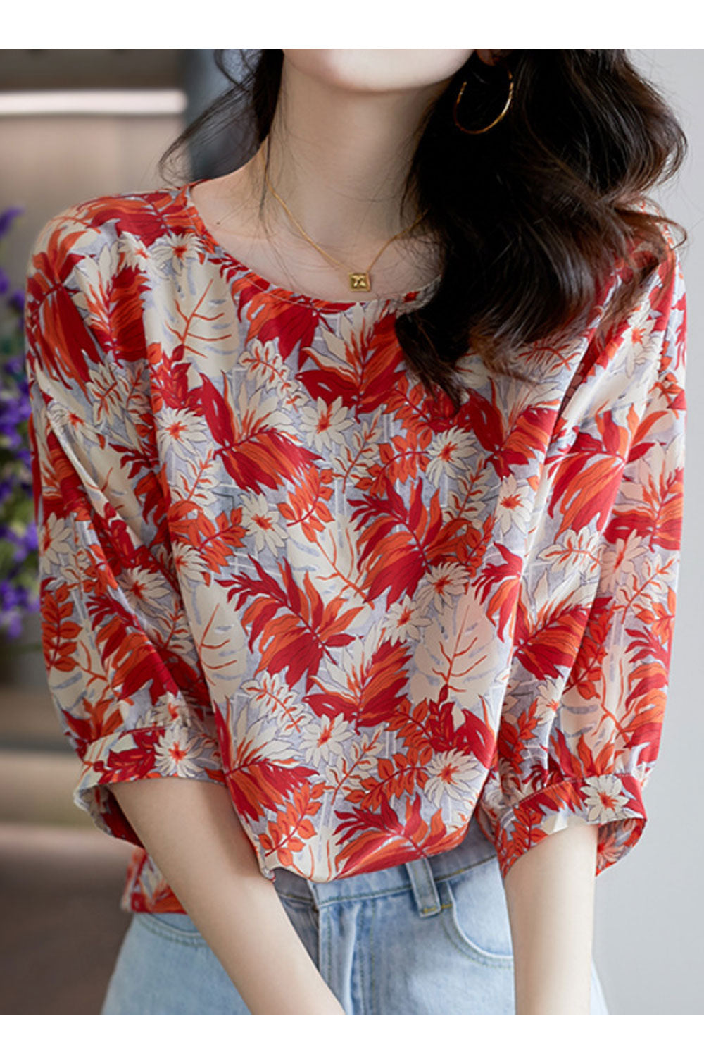 Women's Summer Round Neck Lantern Sleeve Chic Design Slimming Top