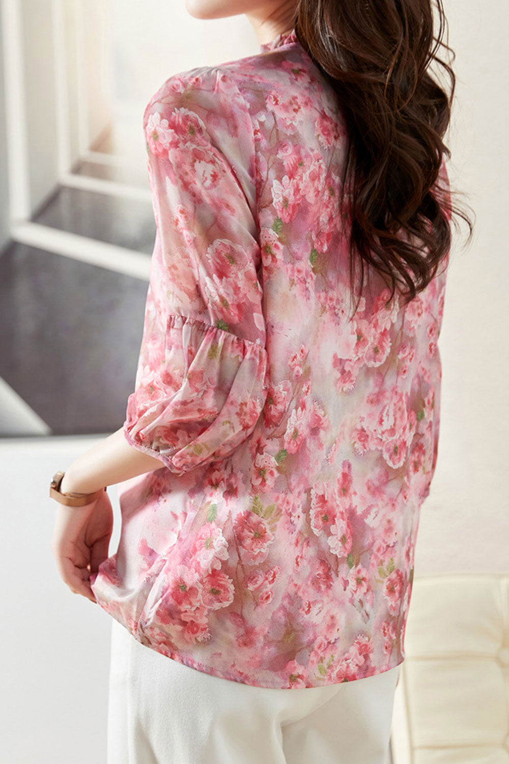 Women New Fashion Beautiful Stand-up Collar Three Quarter Sleeves Lace+Button+Stitching+ Floral Printing+Embroidery Comfortable